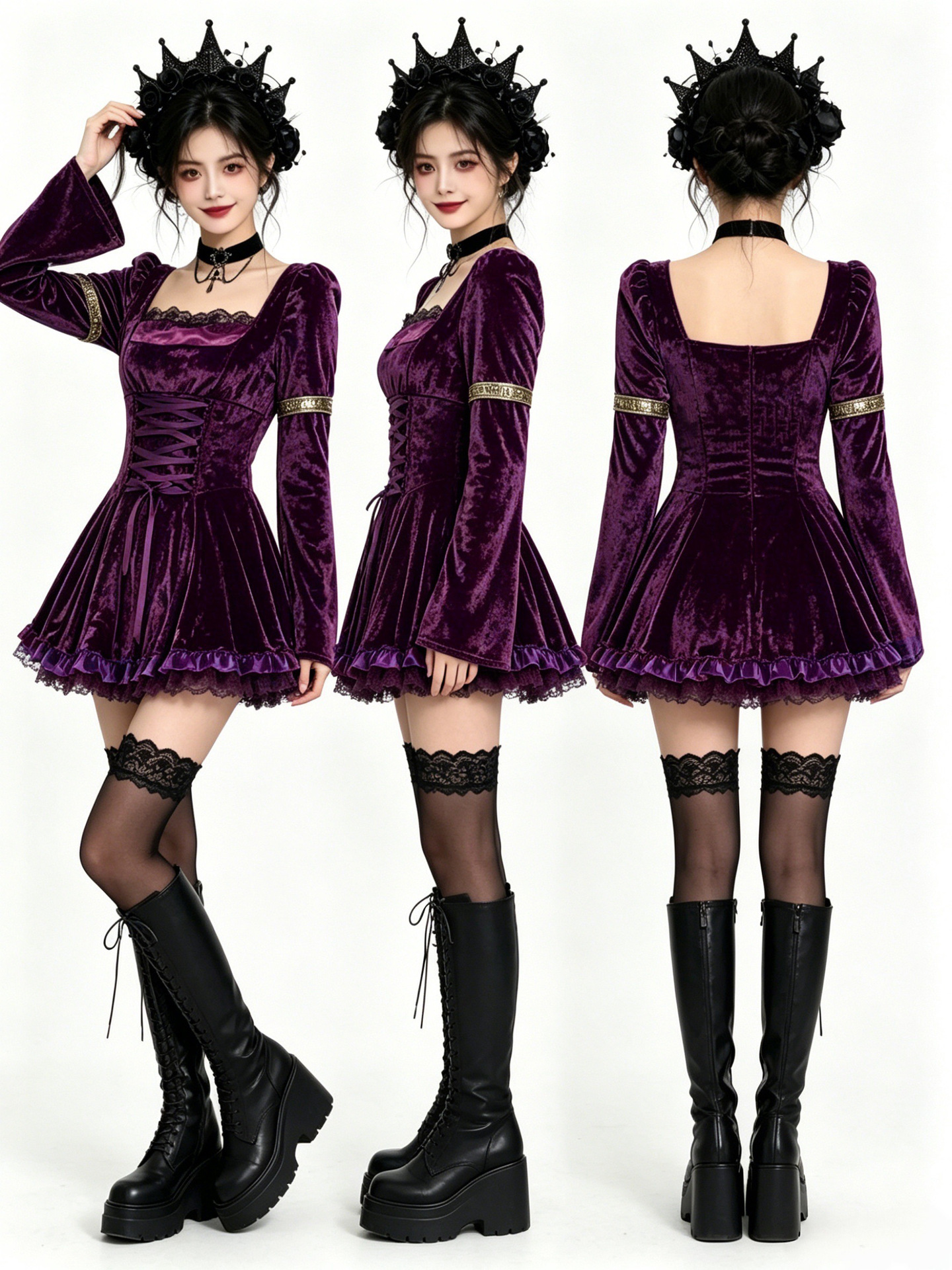 Gothic Vampire Mini Dress - Women Dark Lace Devil Costume